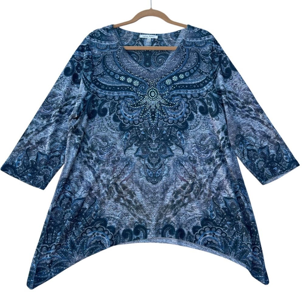 Lynn Ryan Plus Sz 2X Multicolor Asymmetrical Geometric V-Neck Blouse 3/4 Sleeve